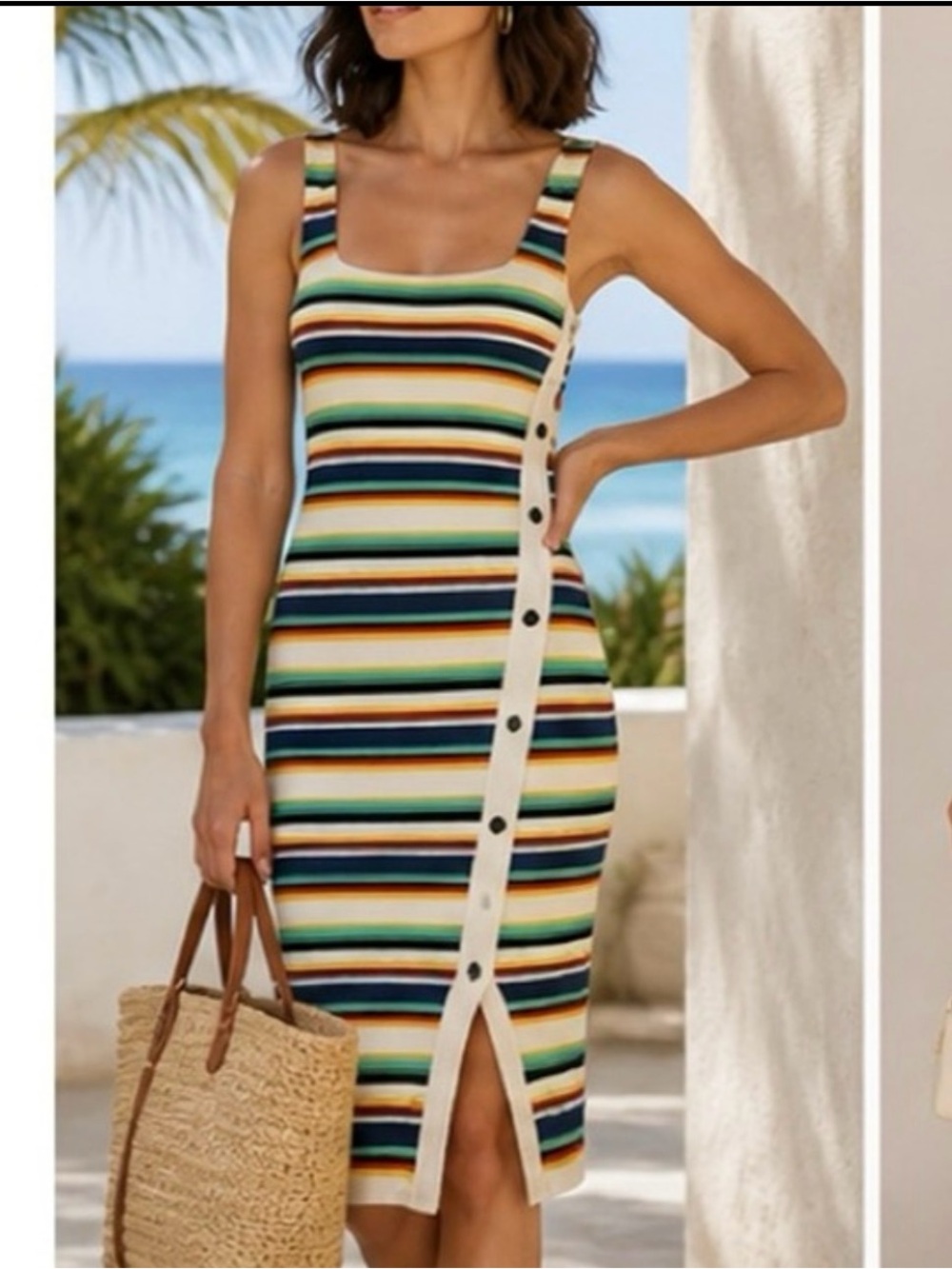 Express Striped Tank Midi Dress in Teal, Yellow, Navy, Green & Cream XS NWOT
